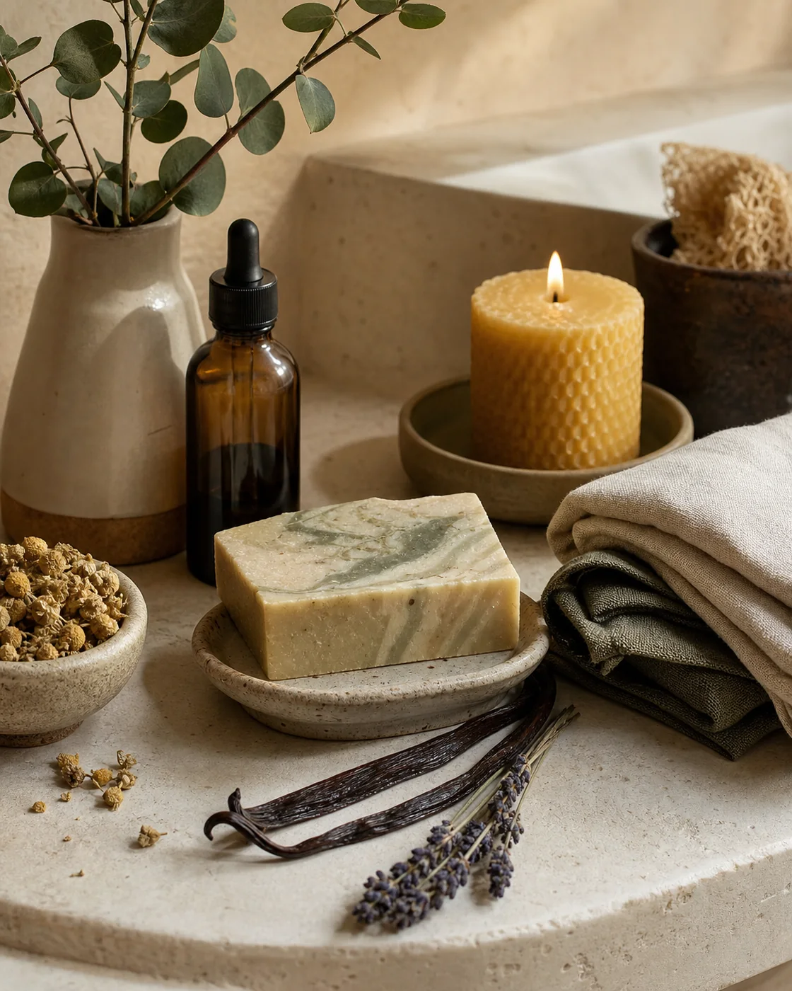 Мыло ручной работы, свеча, масло, ваниль и лен в стиле botanical apothecary